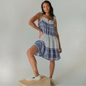 NWT Lucky Brand Tiered Mixed Floral Print Tassel Tie Strap Boho Sundress Small